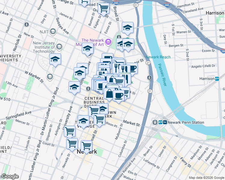 map of restaurants, bars, coffee shops, grocery stores, and more near 710 Broad Street in Newark