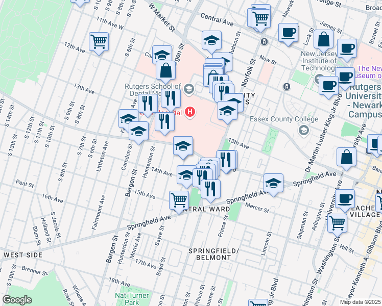 map of restaurants, bars, coffee shops, grocery stores, and more near South Orange Avenue in Newark