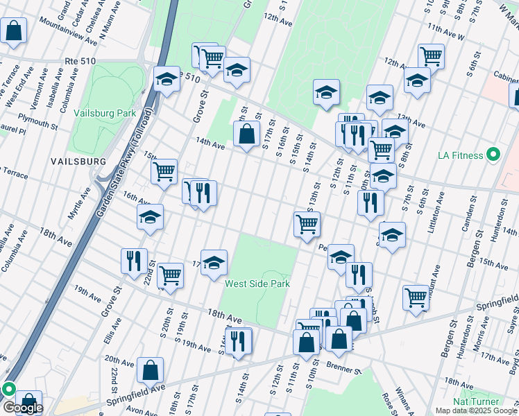 map of restaurants, bars, coffee shops, grocery stores, and more near 512 South 17th Street in Newark