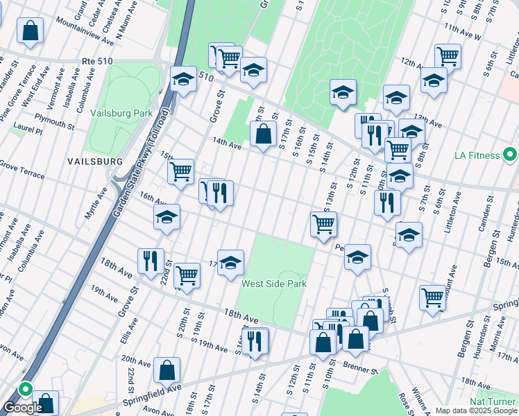 map of restaurants, bars, coffee shops, grocery stores, and more near 512 South 17th Street in Newark