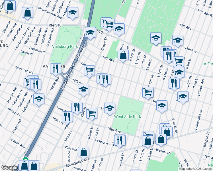 map of restaurants, bars, coffee shops, grocery stores, and more near 538 South 20th Street in Newark