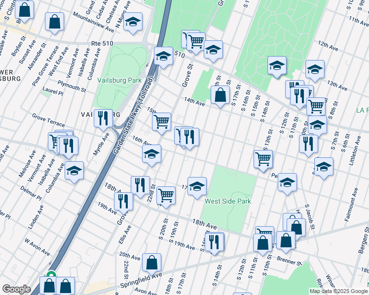 map of restaurants, bars, coffee shops, grocery stores, and more near 538 South 20th Street in Newark