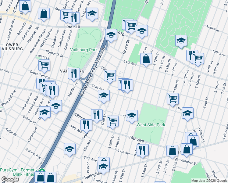 map of restaurants, bars, coffee shops, grocery stores, and more near 7 Roosevelt Terrace in Irvington