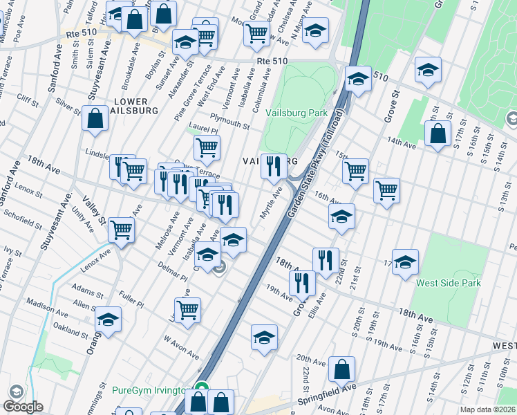 map of restaurants, bars, coffee shops, grocery stores, and more near 194 Munn Avenue in Irvington