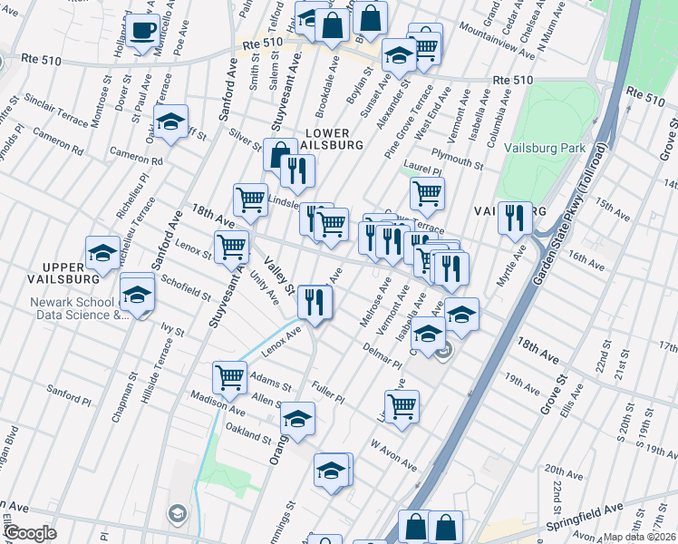map of restaurants, bars, coffee shops, grocery stores, and more near in Newark