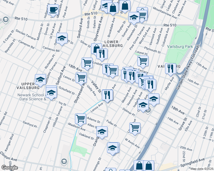 map of restaurants, bars, coffee shops, grocery stores, and more near in Newark