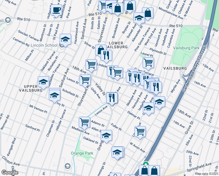 map of restaurants, bars, coffee shops, grocery stores, and more near 223 Sunset Avenue in Newark