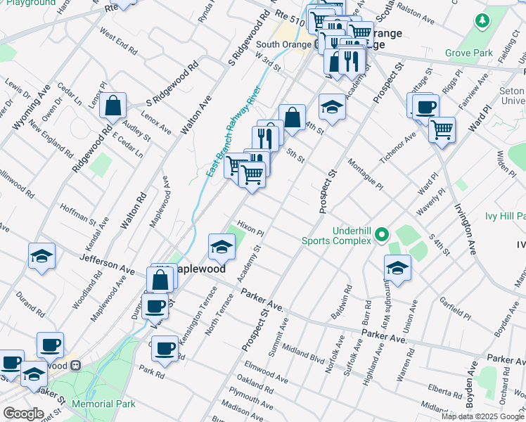 map of restaurants, bars, coffee shops, grocery stores, and more near 82 Roland Avenue in South Orange
