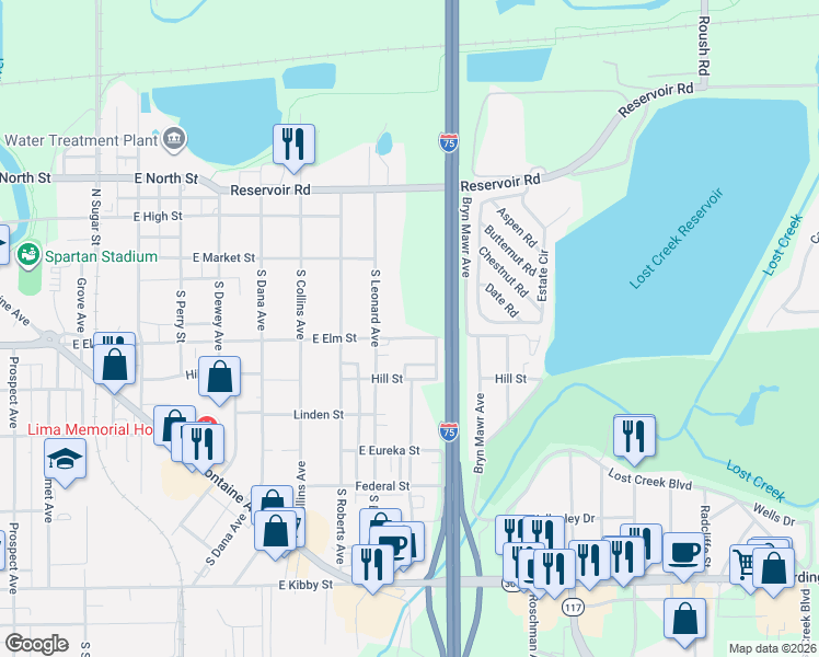 map of restaurants, bars, coffee shops, grocery stores, and more near 1991-1993 East Elm Street in Lima