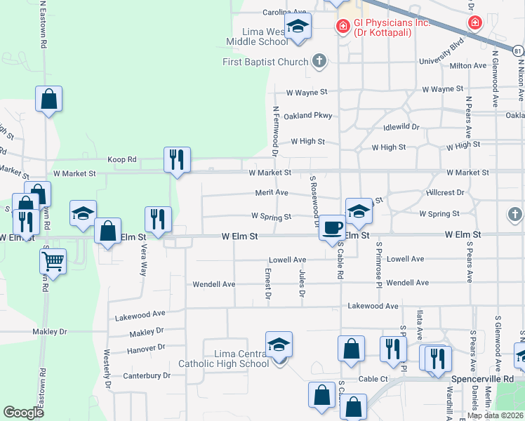map of restaurants, bars, coffee shops, grocery stores, and more near 2408 West Spring Street in Lima