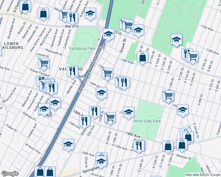 map of restaurants, bars, coffee shops, grocery stores, and more near 7 Roosevelt Terrace in Irvington