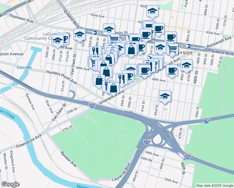 map of restaurants, bars, coffee shops, grocery stores, and more near Greenpoint Ave & 38th St in Queens