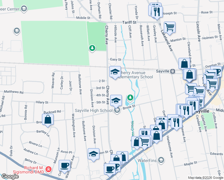 map of restaurants, bars, coffee shops, grocery stores, and more near 141 Cherry Avenue in West Sayville
