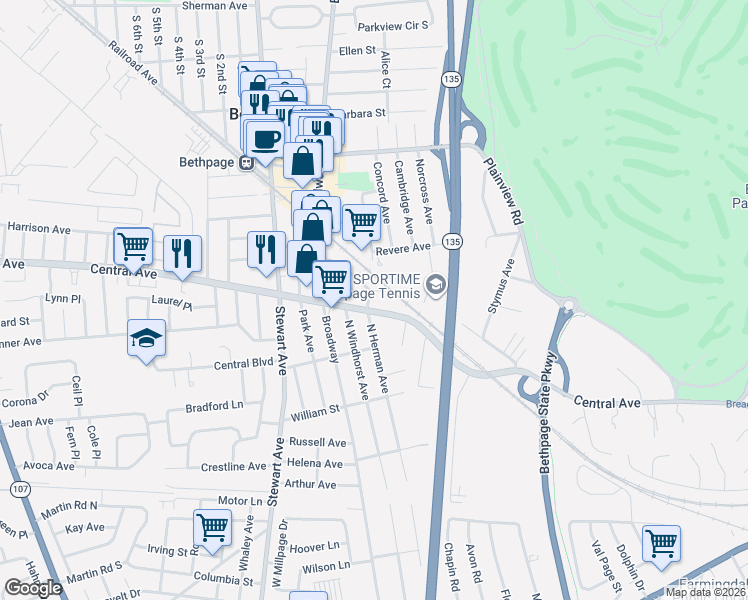 map of restaurants, bars, coffee shops, grocery stores, and more near 45a Seaman Avenue in Bethpage
