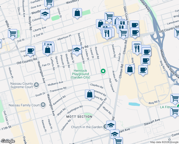 map of restaurants, bars, coffee shops, grocery stores, and more near 35 Maxwell Road in Garden City