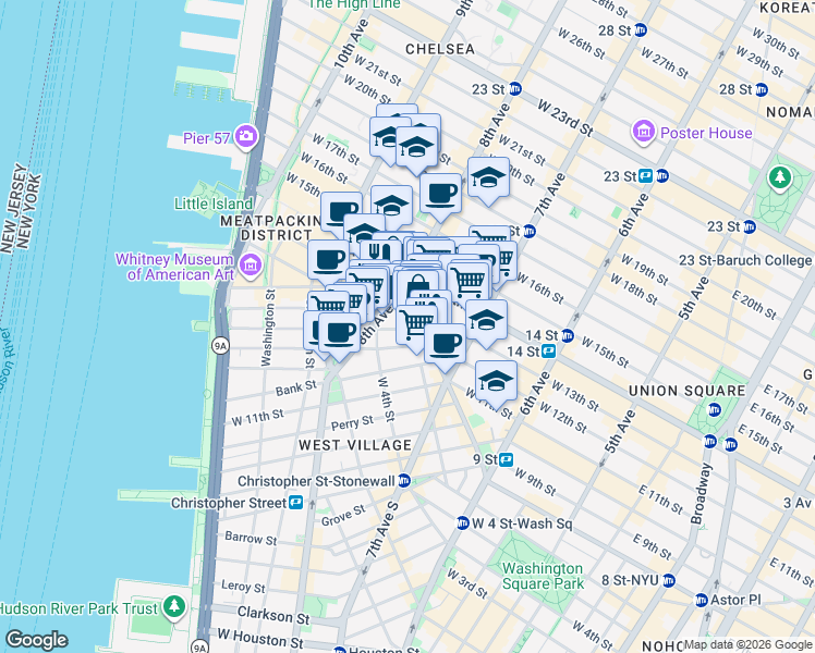 map of restaurants, bars, coffee shops, grocery stores, and more near 121 Greenwich Avenue in New York