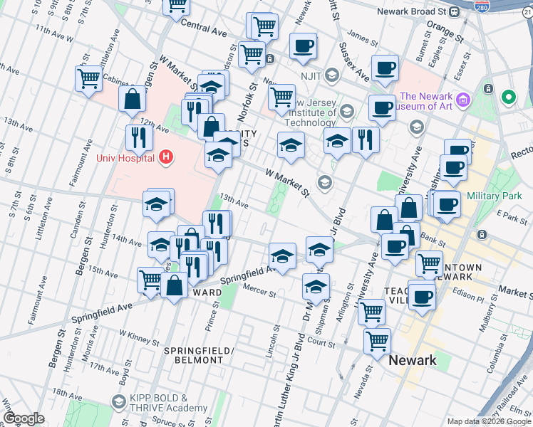 map of restaurants, bars, coffee shops, grocery stores, and more near 107 13th Avenue in Newark