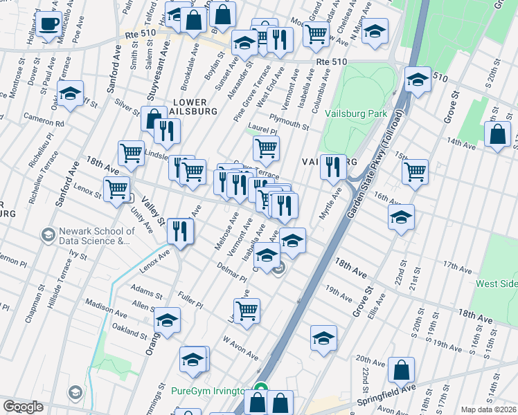 map of restaurants, bars, coffee shops, grocery stores, and more near 192 Vermont Avenue in Irvington