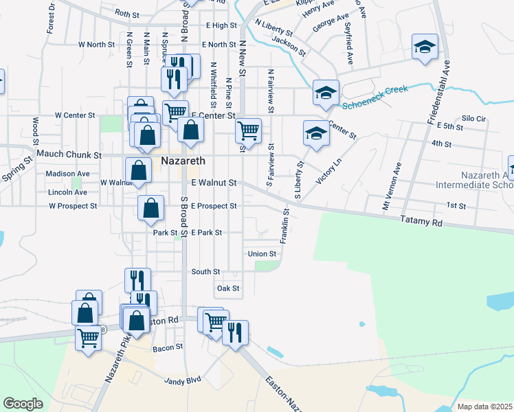 map of restaurants, bars, coffee shops, grocery stores, and more near 324 East Prospect Street in Nazareth
