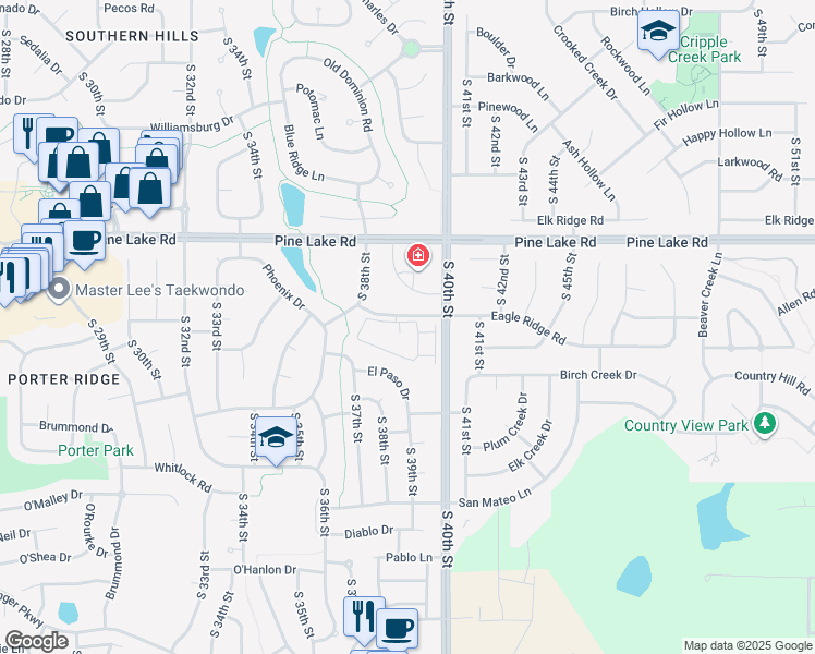 map of restaurants, bars, coffee shops, grocery stores, and more near 3901 Eagle Ridge Road in Lincoln