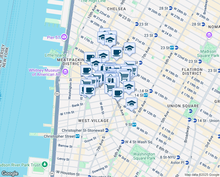 map of restaurants, bars, coffee shops, grocery stores, and more near 121 Greenwich Avenue in New York