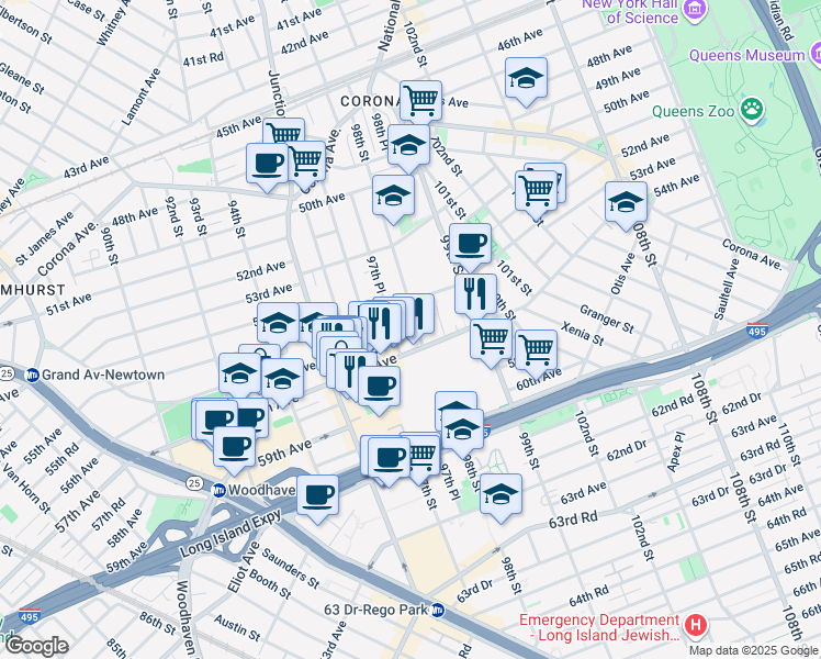 map of restaurants, bars, coffee shops, grocery stores, and more near 55-14 98th Street in Queens