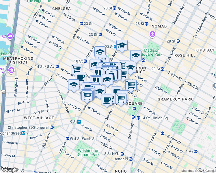map of restaurants, bars, coffee shops, grocery stores, and more near 43 West 16th Street in New York