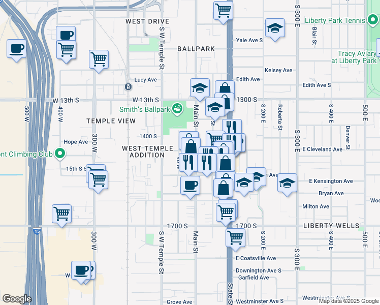 map of restaurants, bars, coffee shops, grocery stores, and more near 11 Merrimac Avenue in Salt Lake City