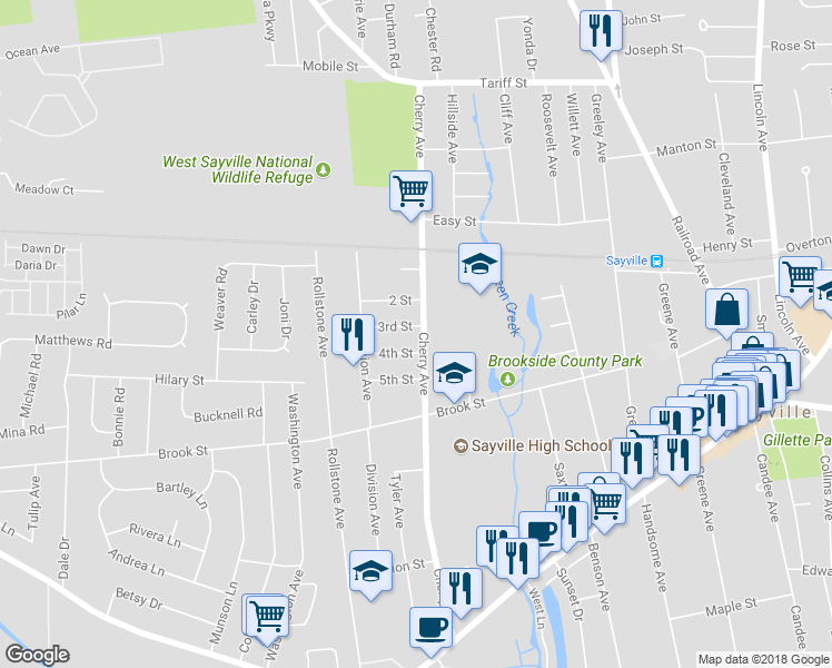 map of restaurants, bars, coffee shops, grocery stores, and more near 140 Cherry Avenue in West Sayville