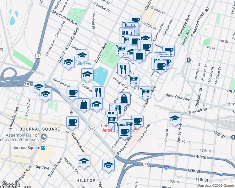 map of restaurants, bars, coffee shops, grocery stores, and more near 173 Oakland Avenue in Jersey City