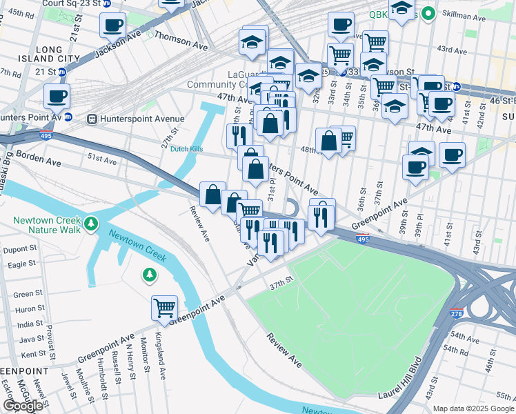 map of restaurants, bars, coffee shops, grocery stores, and more near 49-47 31st Street in Queens