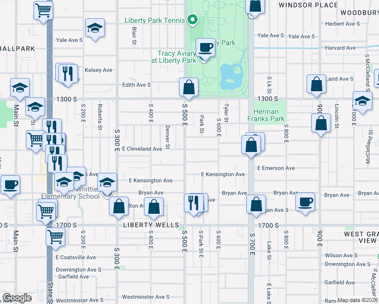 map of restaurants, bars, coffee shops, grocery stores, and more near 529 Cleveland Avenue South in Salt Lake City