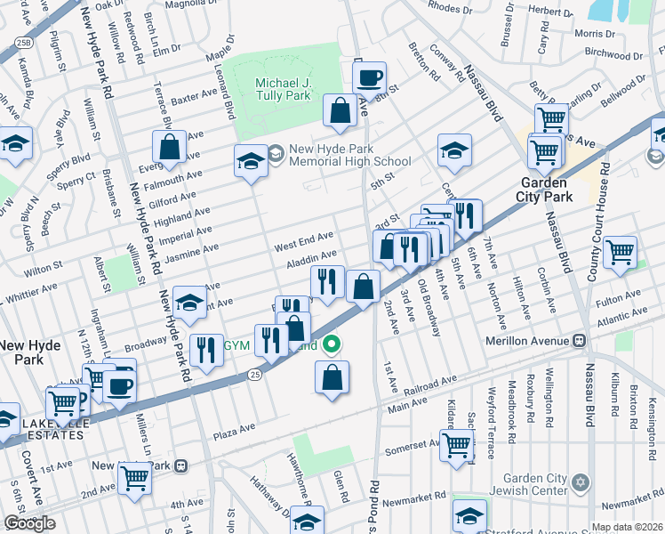 map of restaurants, bars, coffee shops, grocery stores, and more near 1752 Aladdin Avenue in New Hyde Park