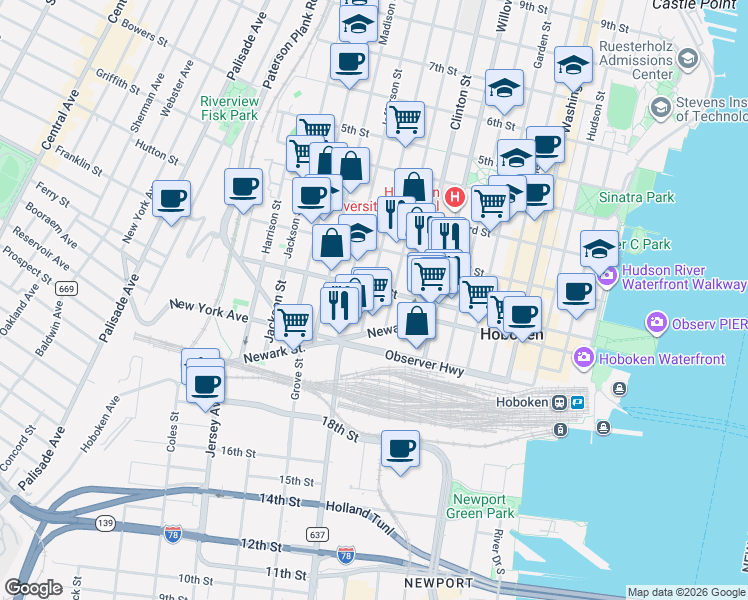 map of restaurants, bars, coffee shops, grocery stores, and more near 413a 1st Street in Hoboken