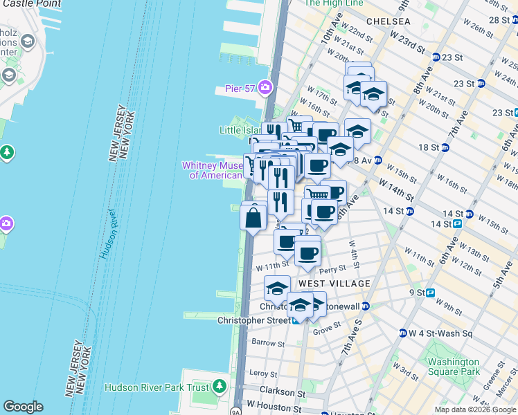map of restaurants, bars, coffee shops, grocery stores, and more near 113 Jane Street in New York