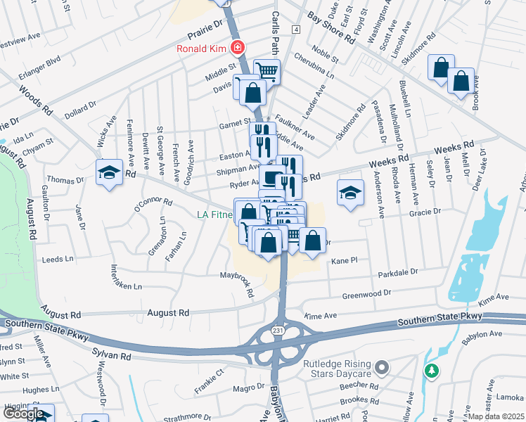 map of restaurants, bars, coffee shops, grocery stores, and more near 35 Woods Road in North Babylon