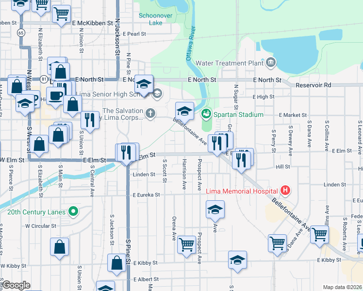 map of restaurants, bars, coffee shops, grocery stores, and more near 126 Harrison Avenue in Lima