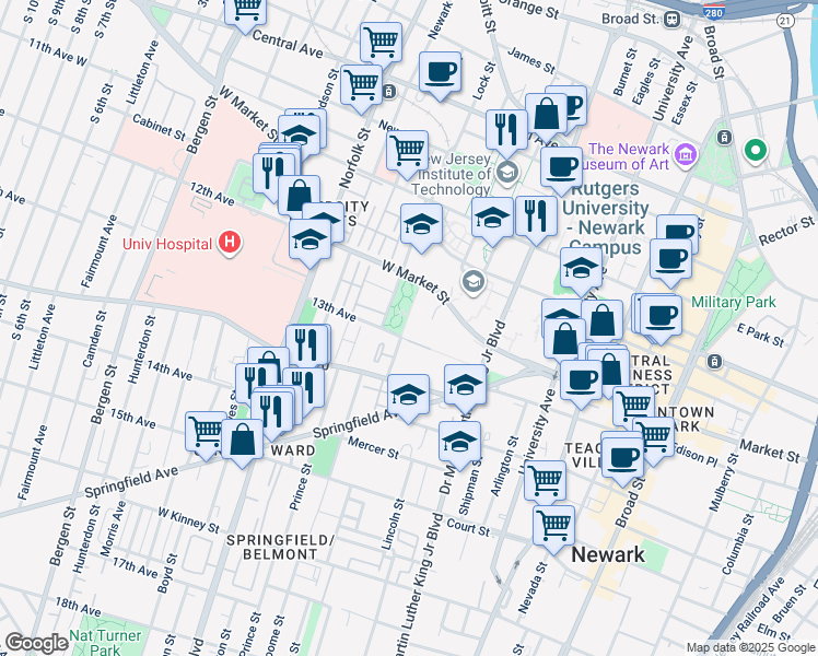 map of restaurants, bars, coffee shops, grocery stores, and more near 60 Nelson Place in Newark