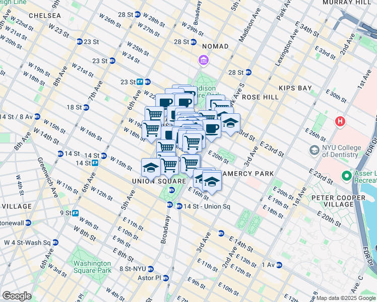 map of restaurants, bars, coffee shops, grocery stores, and more near 888 Broadway in New York