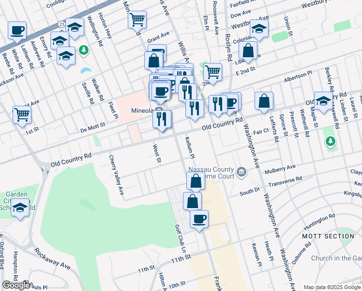 map of restaurants, bars, coffee shops, grocery stores, and more near 1551 Kellum Place in Mineola
