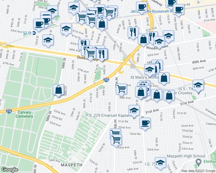 map of restaurants, bars, coffee shops, grocery stores, and more near 64-14 48th Avenue in Queens