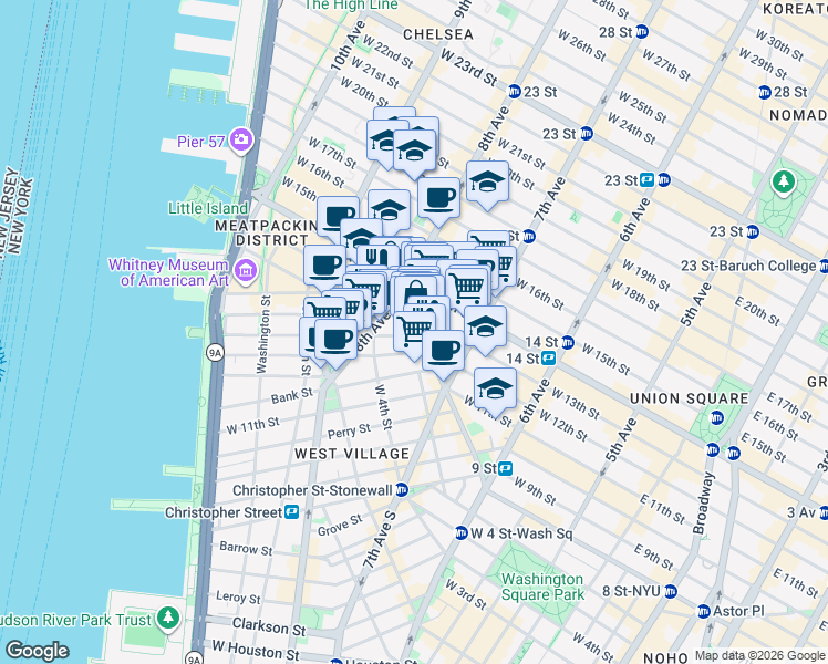 map of restaurants, bars, coffee shops, grocery stores, and more near 3 Jane Street in New York
