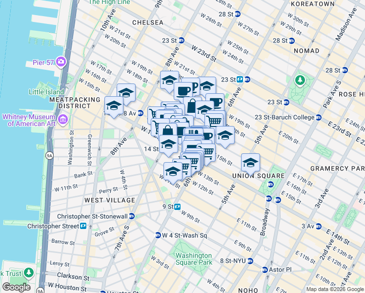 map of restaurants, bars, coffee shops, grocery stores, and more near 134 West 15th Street in New York