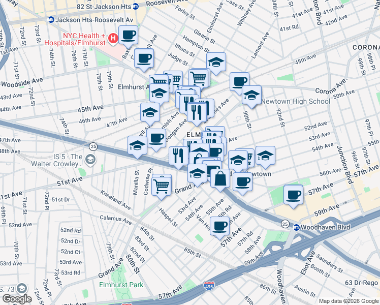map of restaurants, bars, coffee shops, grocery stores, and more near 84-19 51st Avenue in Queens