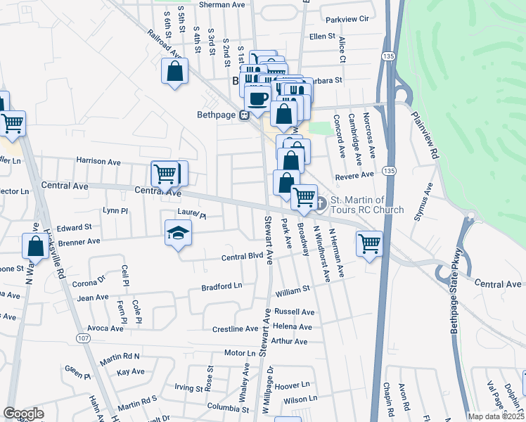 map of restaurants, bars, coffee shops, grocery stores, and more near 1 Totten Street in Bethpage