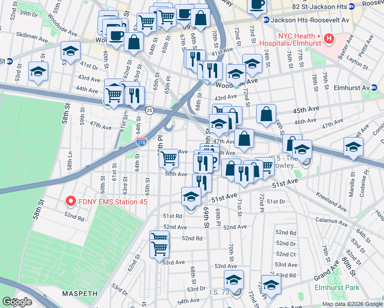 map of restaurants, bars, coffee shops, grocery stores, and more near 47-17 67th Street in Queens
