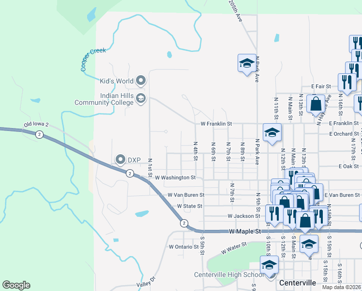 map of restaurants, bars, coffee shops, grocery stores, and more near 614 North 3rd Street in Centerville