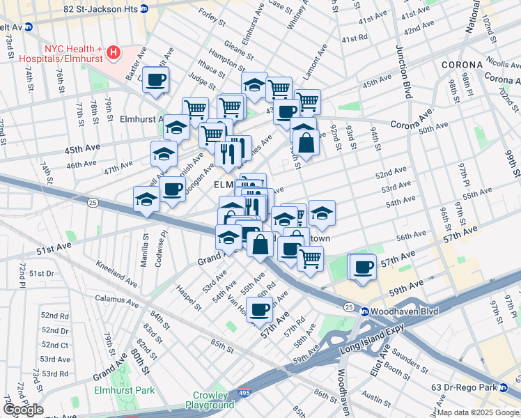 map of restaurants, bars, coffee shops, grocery stores, and more near 8615 Broadway in Queens