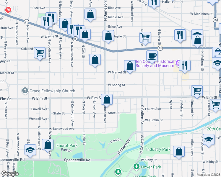 map of restaurants, bars, coffee shops, grocery stores, and more near 903 West Spring Street in Lima