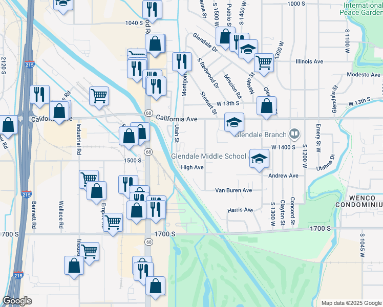 map of restaurants, bars, coffee shops, grocery stores, and more near 1411 Utah Street in Salt Lake City